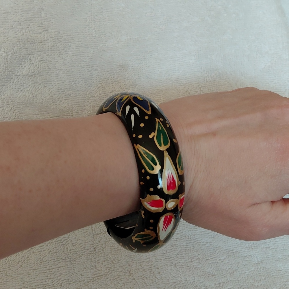 Black With Multicolor Accents Wooden Bangle - Picture 3 of 5